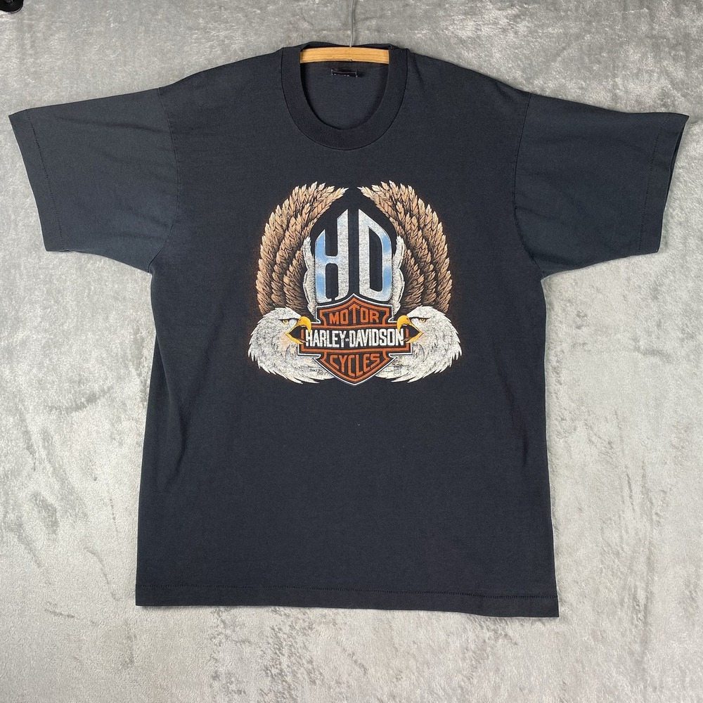 Vintage 80s Harley Davidson Shirt Mens XL Black Eagle HD Faded Single Stitch USA